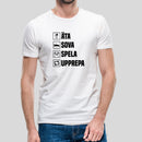 T-shirt med texten "Äta, sova, spela, upprepa"