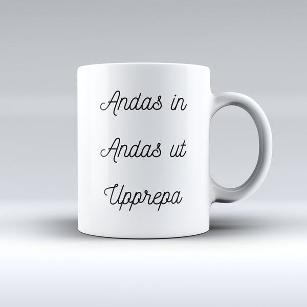 Porslinsmugg med texten "Andas in Andas ut"