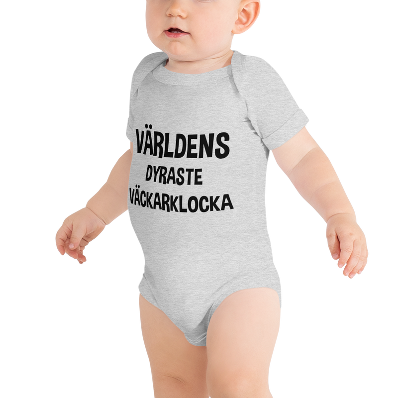 Babybody med texten "Världens dyraste väckarklocka"