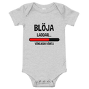 Babybody med texten "Blöja laddar - vänligen vänta"