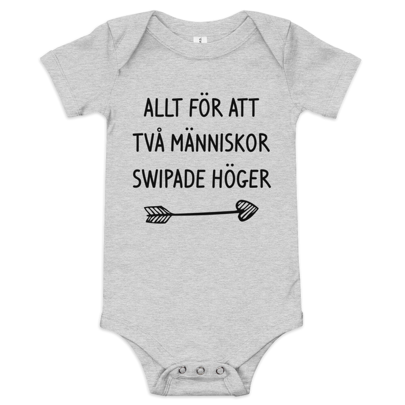 Babybody med texten "Allt för att två människor swipade höger"