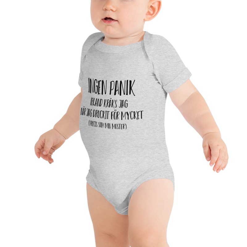 Babybody med texten "Ingen panik"