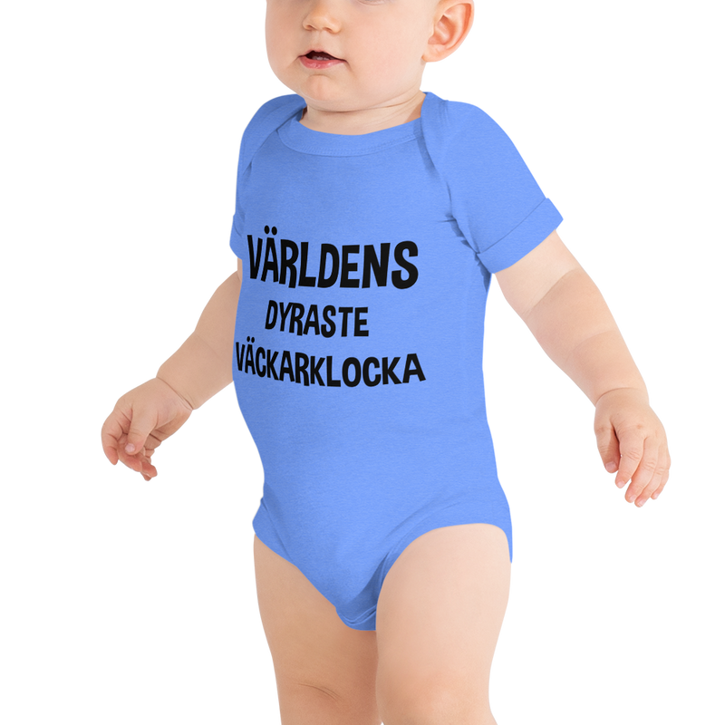 Babybody med texten "Världens dyraste väckarklocka"