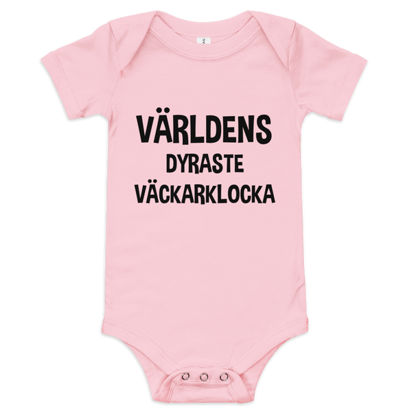 Babybody med texten "Världens dyraste väckarklocka"