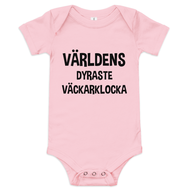 Babybody med texten "Världens dyraste väckarklocka"