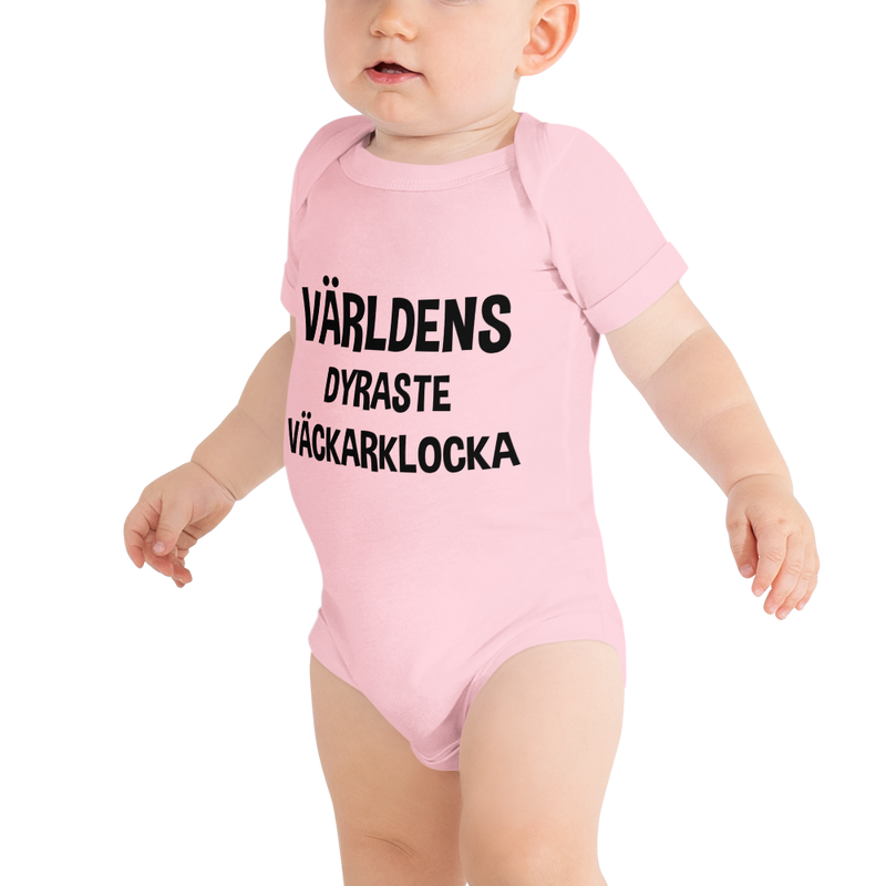 Babybody med texten "Världens dyraste väckarklocka"