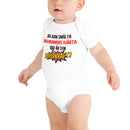 Babybody med texten "Jag kan smälta min mormors hjärta, vad är din superkraft?"