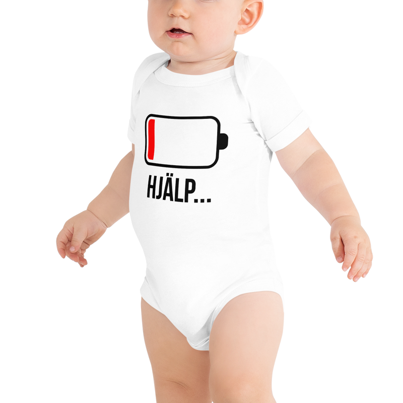 Babybody med texten "HJÄLP"
