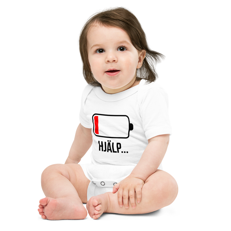 Babybody med texten "HJÄLP"