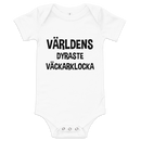 Babybody med texten "Världens dyraste väckarklocka"