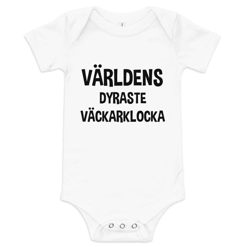 Babybody med texten "Världens dyraste väckarklocka"
