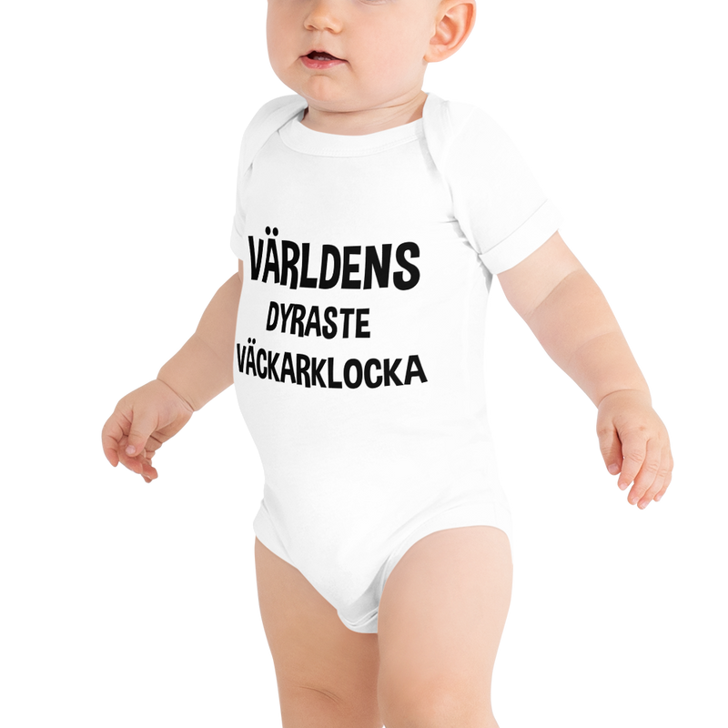 Babybody med texten "Världens dyraste väckarklocka"