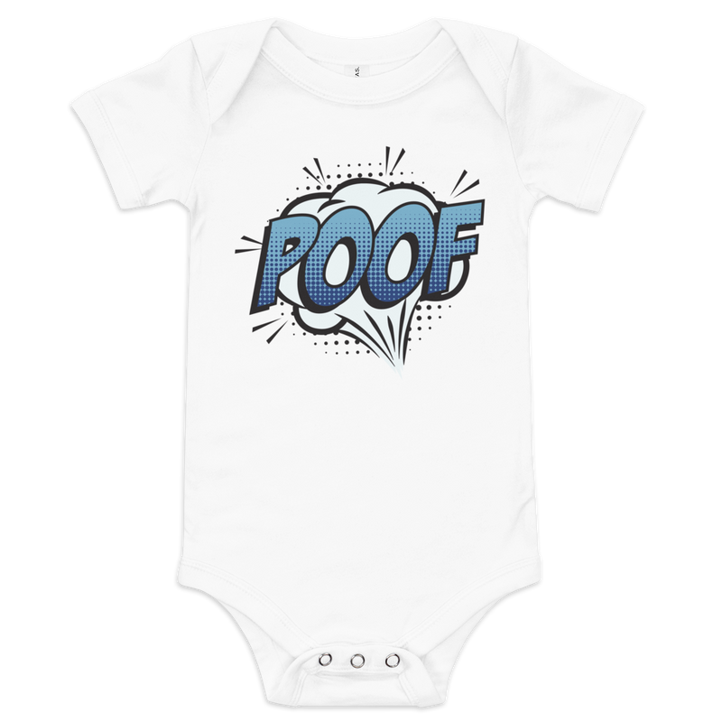 Babybody med texten "POOF"