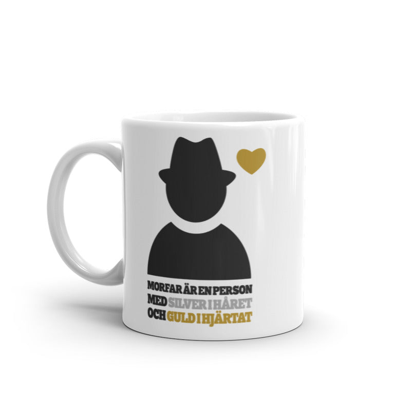 Porslinsmugg med texten "Morfar är en person med silver i håret och guld i hjärtat"