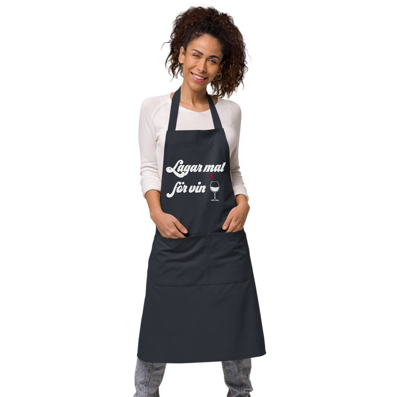 Förkläde med texten "Lagar mat för vin"