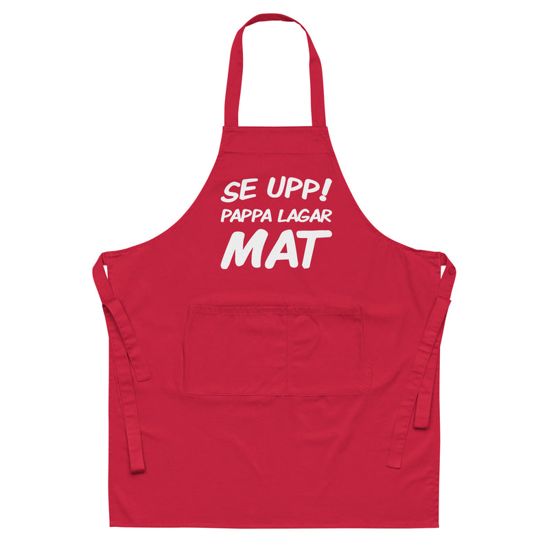 Förkläde med texten "Se upp! Pappa lagar mat"