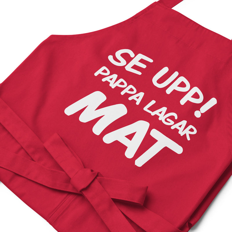 Förkläde med texten "Se upp! Pappa lagar mat"