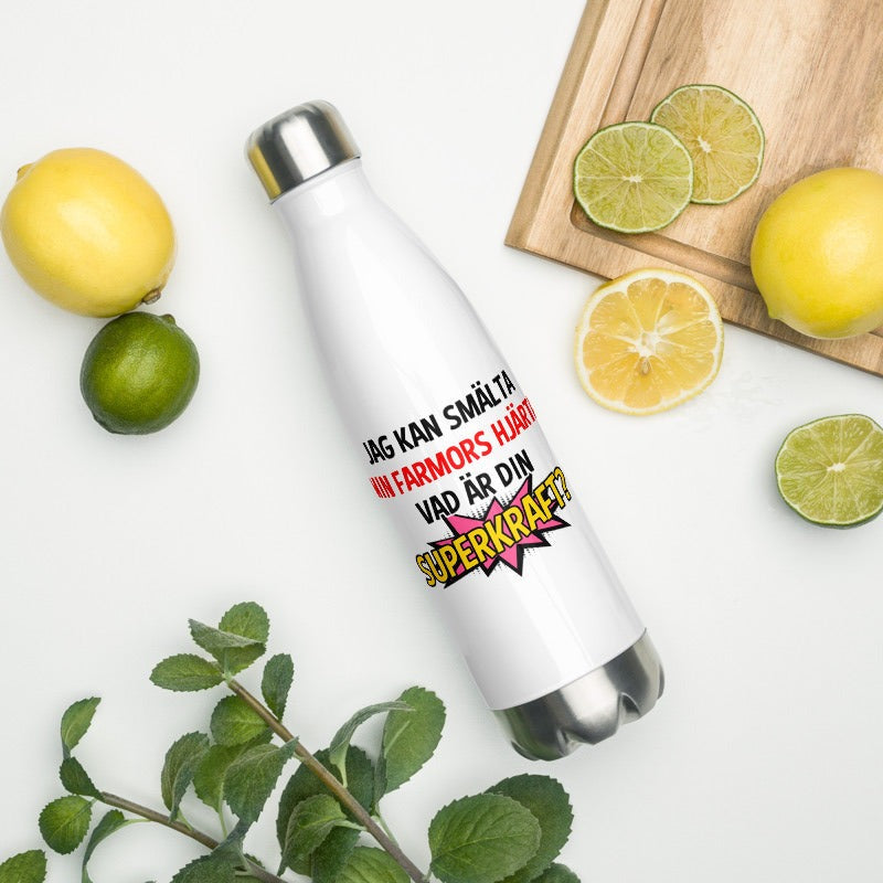 Vattenflaska i stål med texten - Jag kan smälta min farmors hjärta