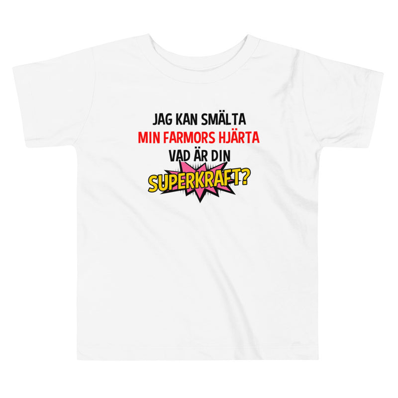 T-shirt för barn med texten - "Jag kan smälta farmors hjärta, vad är din superkraft?"