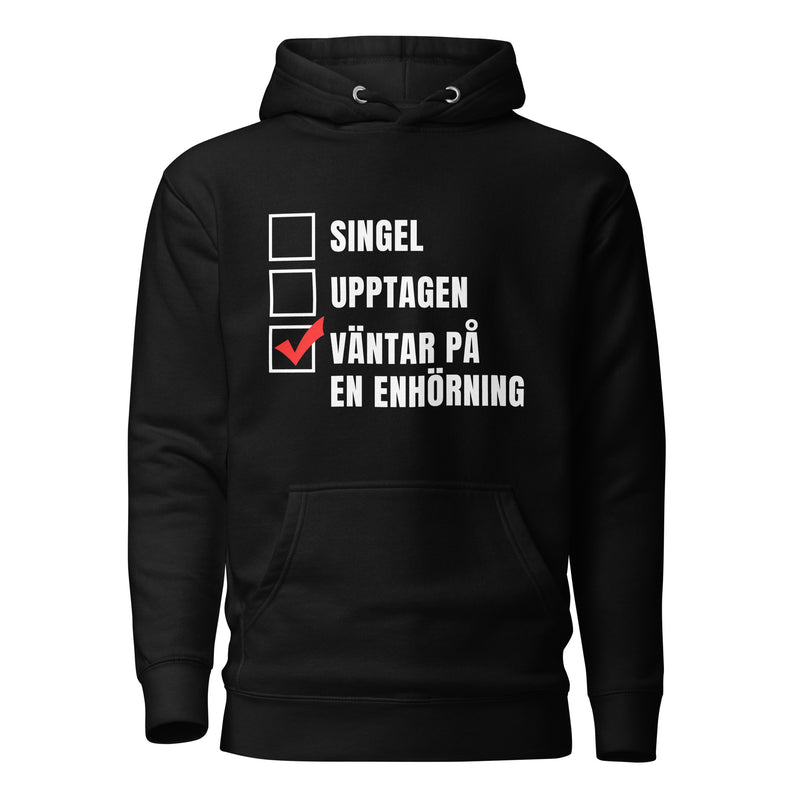 Hoodie med texten "Väntar på en enhörning"
