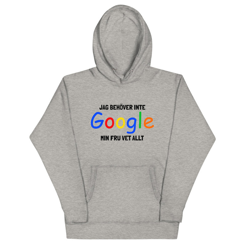 Hoodie med texten - "Jag behöver inte google - min fru vet allt"