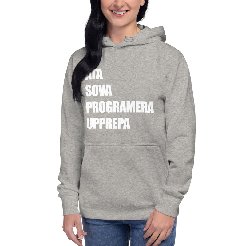 Hoodie med texten "ÄTA SOVA PROGRAMERA UPPREPA"