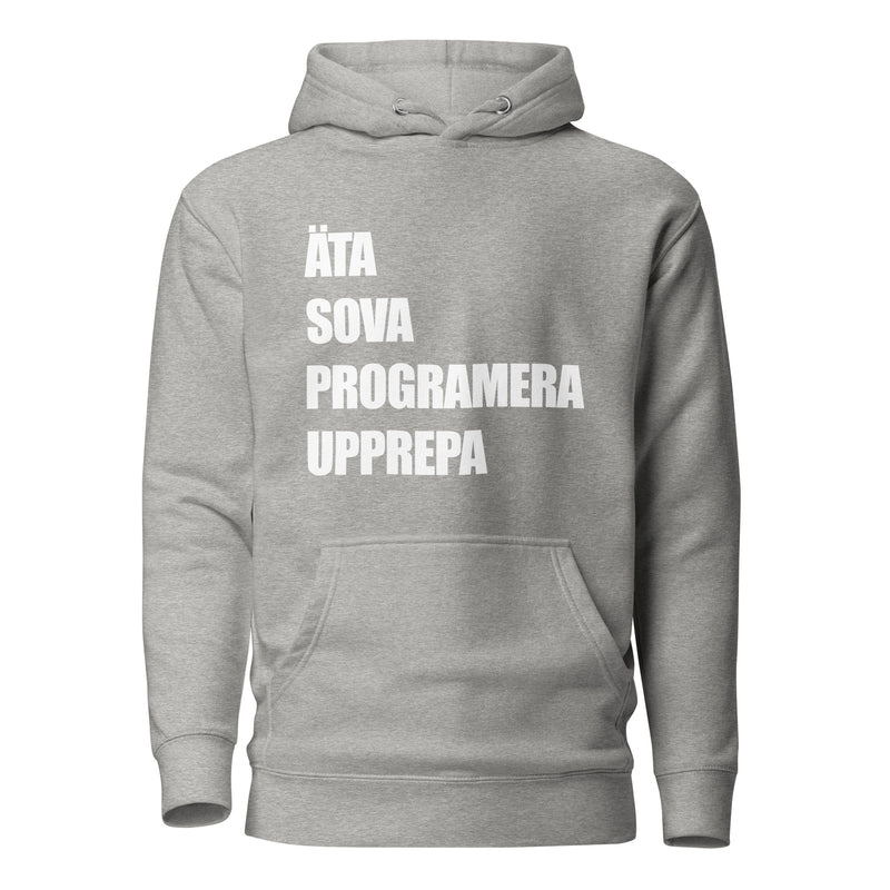 Hoodie med texten "ÄTA SOVA PROGRAMERA UPPREPA"