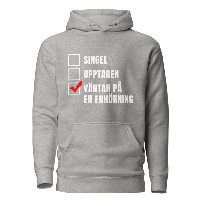 Hoodie med texten "Väntar på en enhörning"