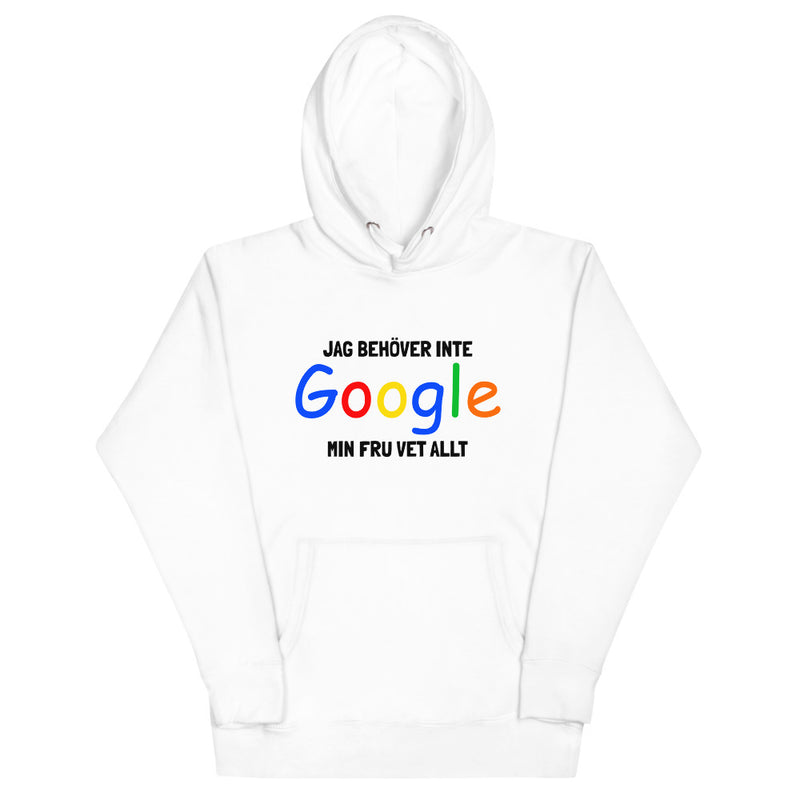 Hoodie med texten - "Jag behöver inte google - min fru vet allt"