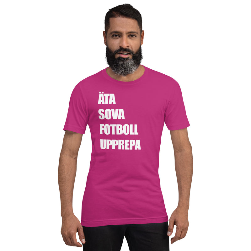 T-shirt med bild texten "ÄTA SOVA FOTBOLL UPPREPA"