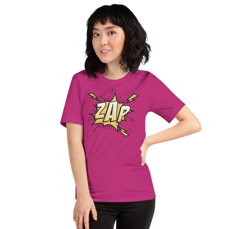 T-shirt med bild texten "ZAP"