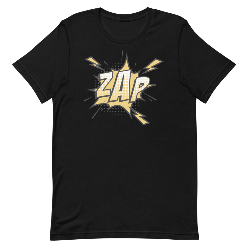 T-shirt med bild texten "ZAP"