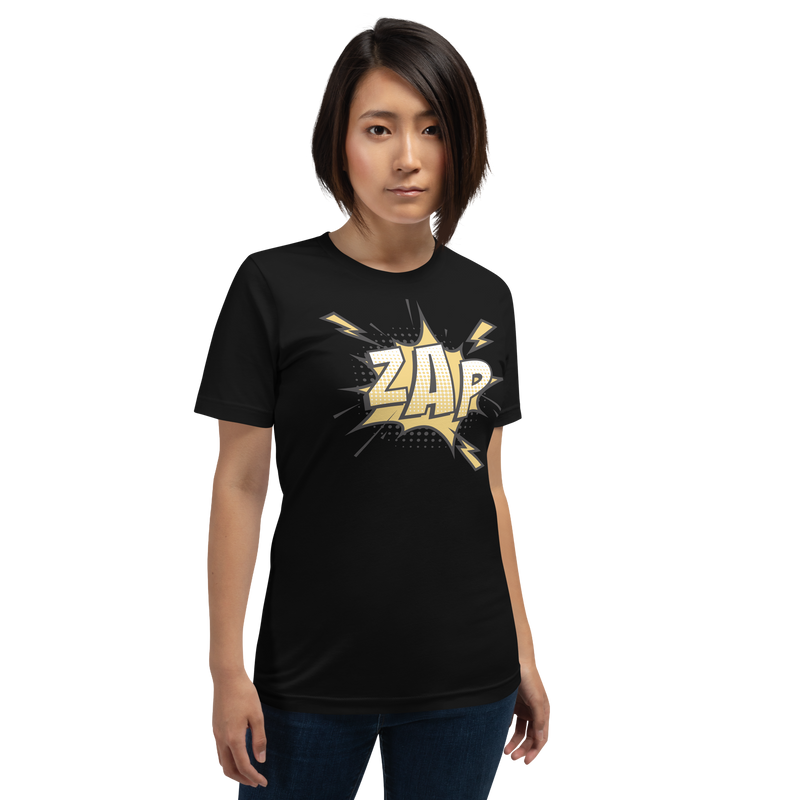 T-shirt med bild texten "ZAP"