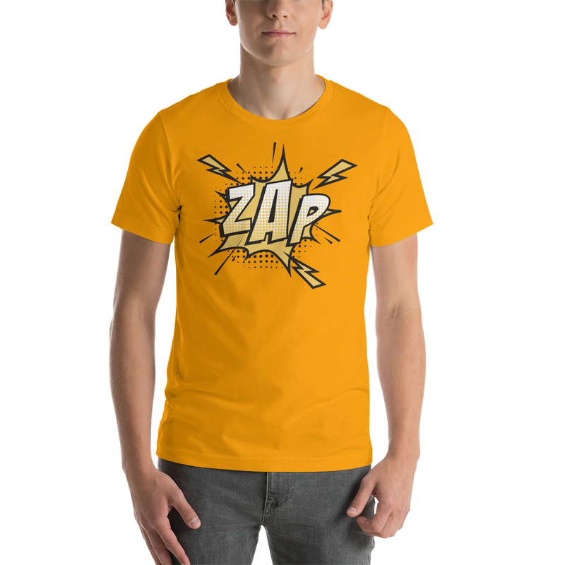 T-shirt med bild texten "ZAP"