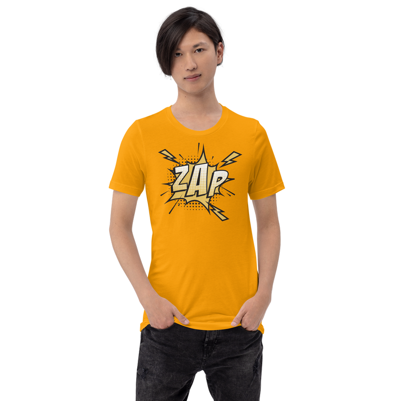 T-shirt med bild texten "ZAP"