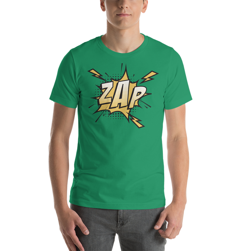T-shirt med bild texten "ZAP"