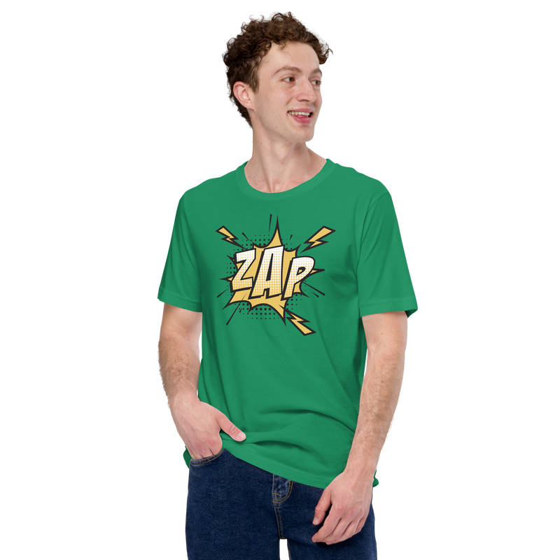 T-shirt med bild texten "ZAP"