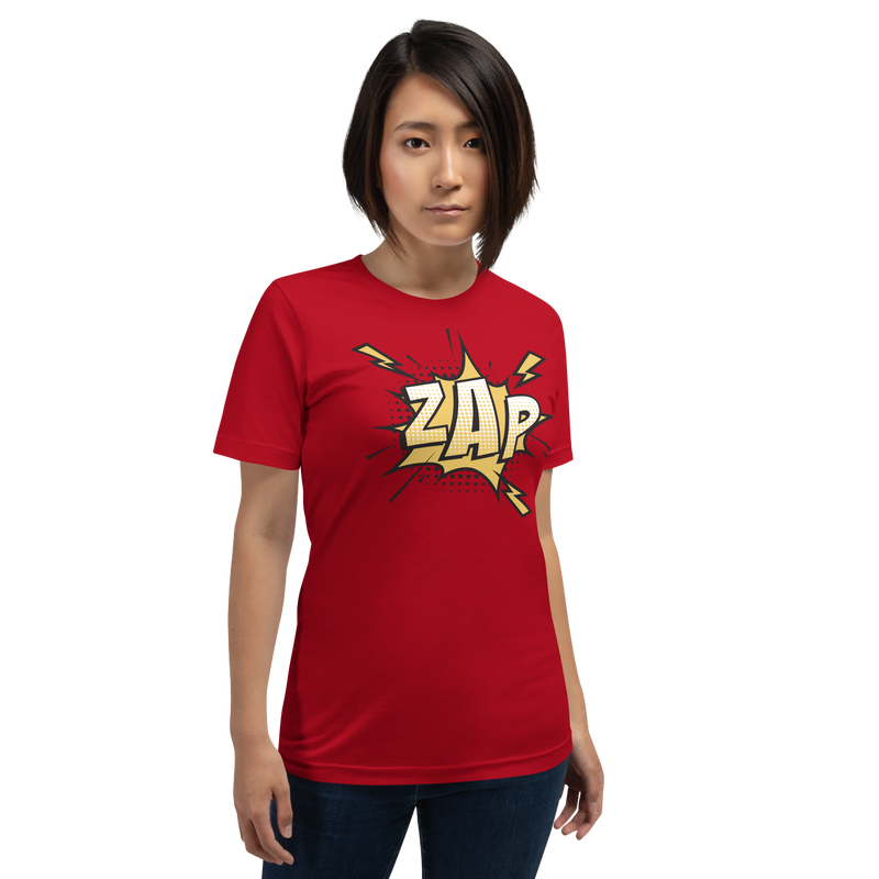 T-shirt med bild texten "ZAP"