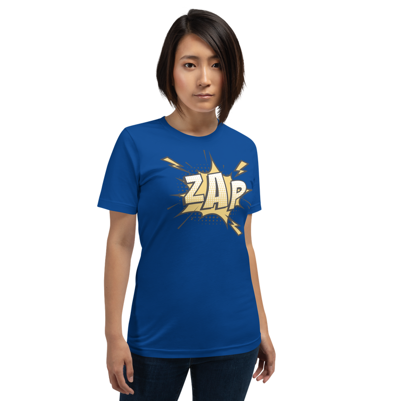 T-shirt med bild texten "ZAP"