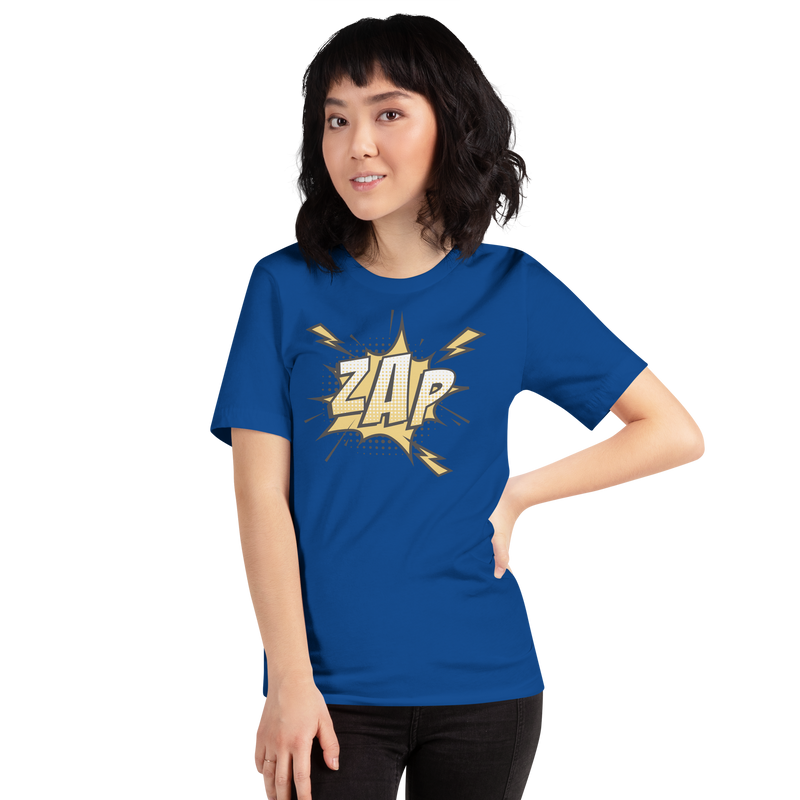 T-shirt med bild texten "ZAP"